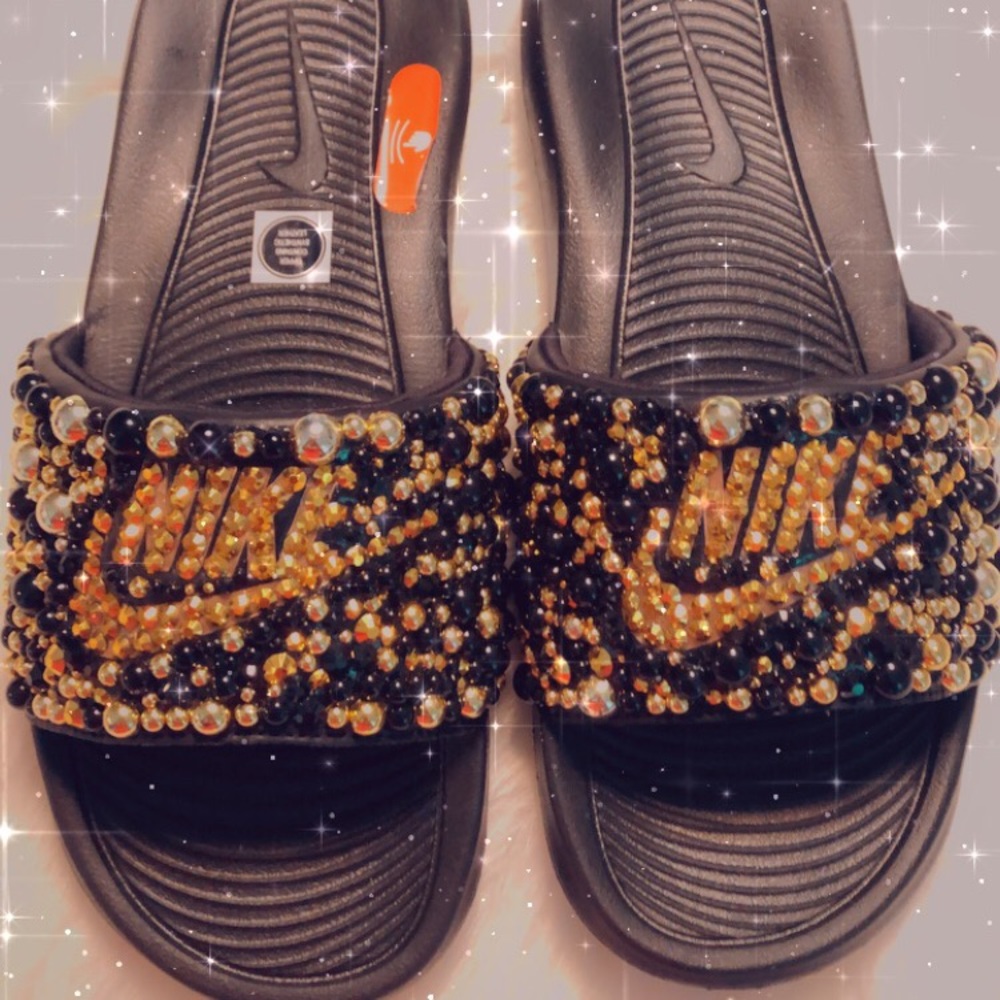 Not for Sale Black and Gold Custom Made Bedazzled Nike Slides Custom